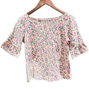 Lilly Pulitzer Ziva Stretch Top Bell Half Sleeve Pink Yellow and Black Floral  L